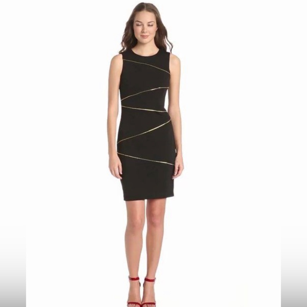 Calvin Klein Black Sheath Dress with Gold Zipper Detail